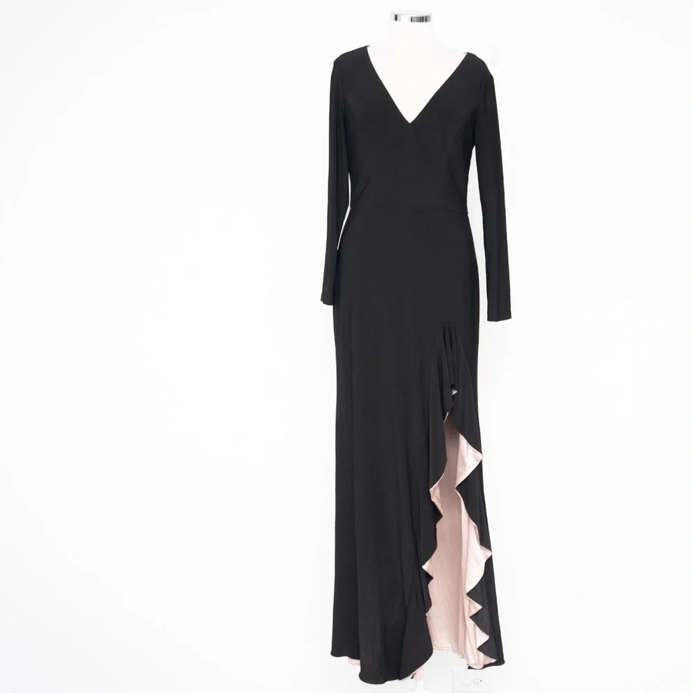 Xscape - Long Sleeve Stretchy V-neck Ruffle Dress - Picture 2 of 14